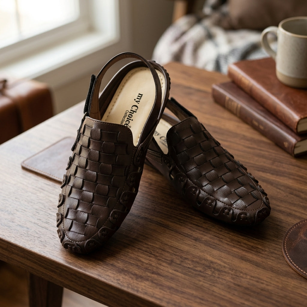 Dark brown full-woven leather slingback mule pair on wooden table lifestyle shot with coffee mug and books cream insole visible