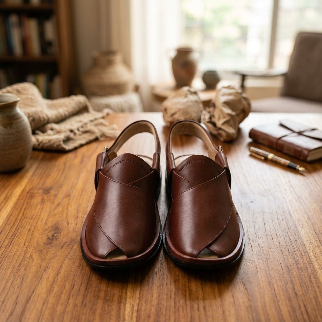 Tan cognac leather smooth-vamp Kaptaan Peshawari chappal worn on ancient stone courtyard with olive khaki shalwar kameez