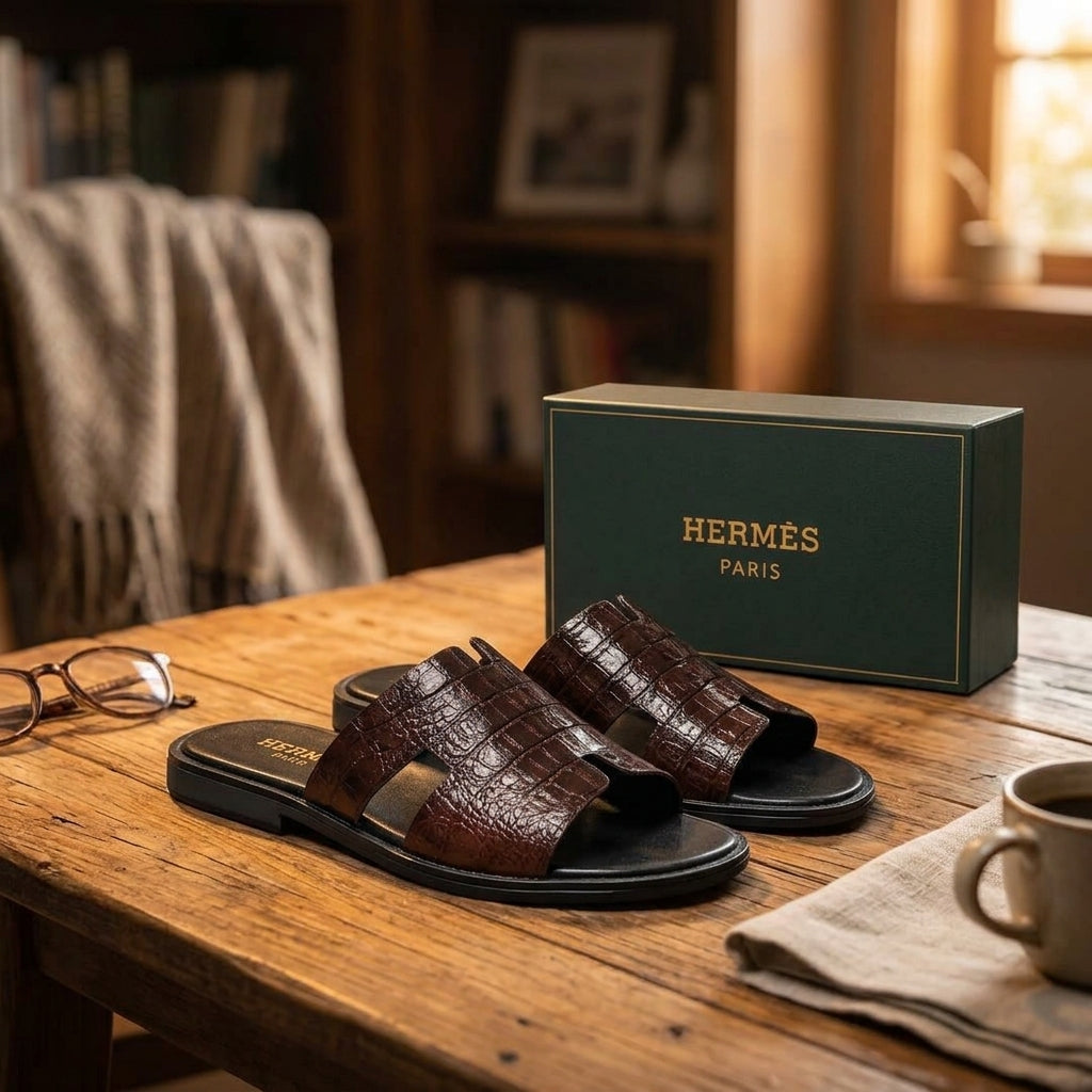 Men's Dark Brown Textured Cross-Strap Sandals