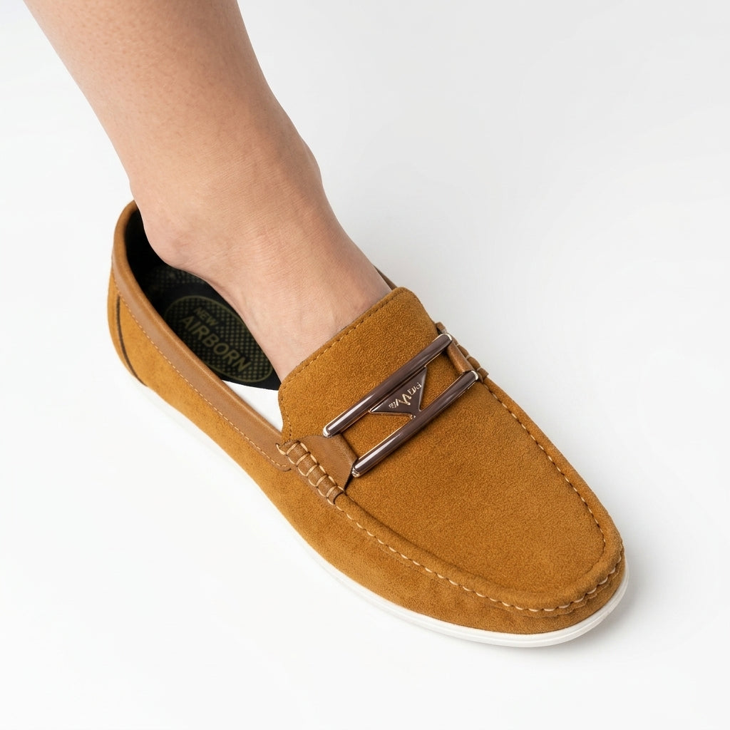 Mustard suede metal-bit loafer with white sole and cushioned insole