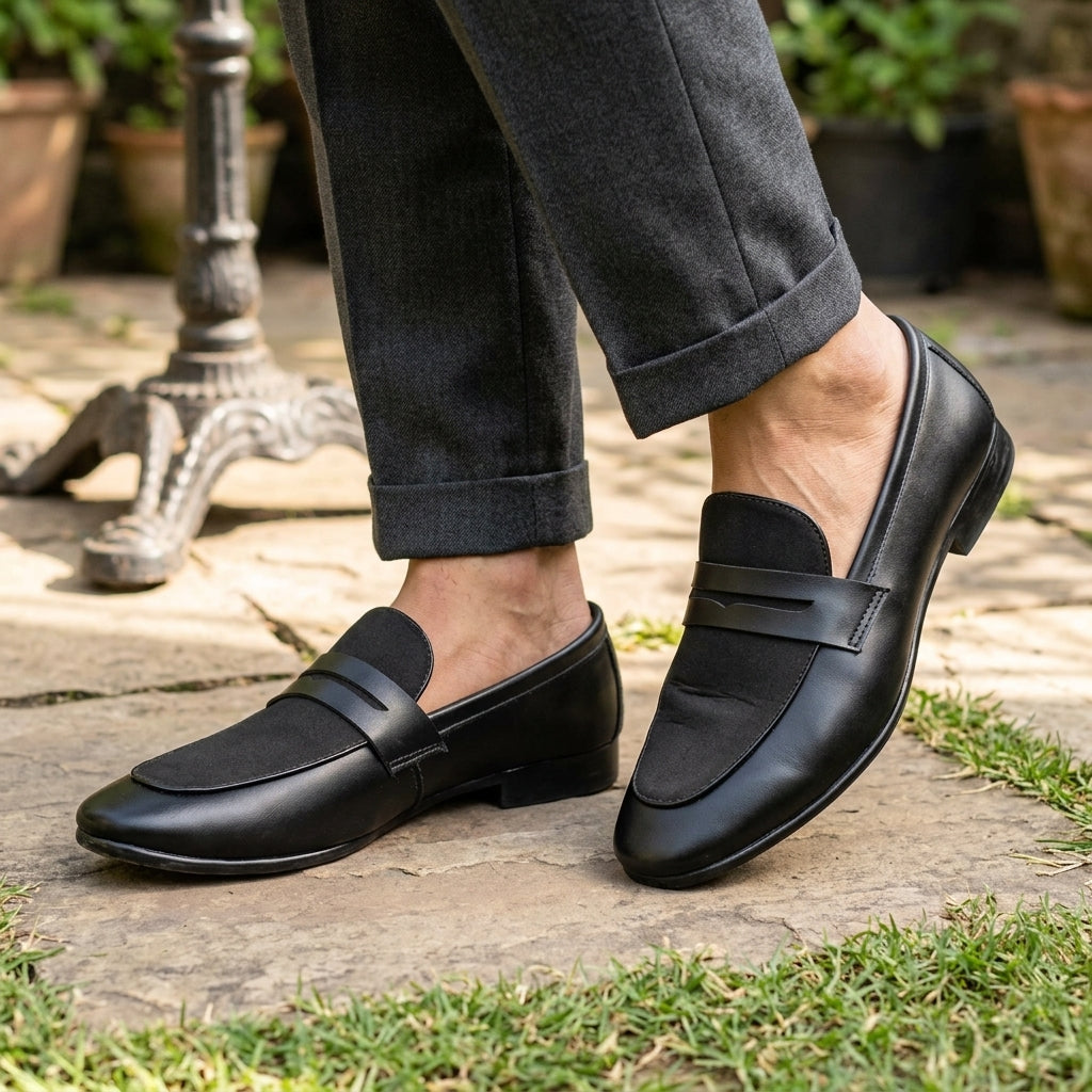 Black leather penny loafer worn outdoors on cobblestone with grey trousers