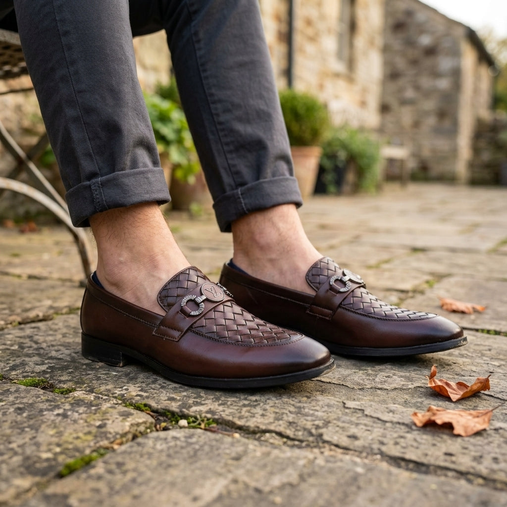 Dark brown woven leather V-medallion loafer worn outdoors on cobblestone with grey chinos