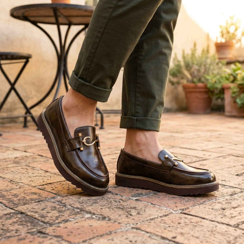 Dark brown burnished leather chunky-sole horsebit loafer worn on terrace with rolled olive chinos