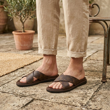 Men's Brown Leather-Look Slide Sandals