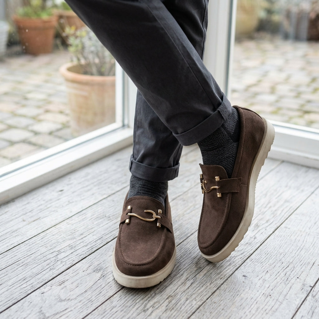 Dark chocolate suede horsebit sneaker loafer worn on white washed wooden floor with rolled charcoal chinos and grey knit socks