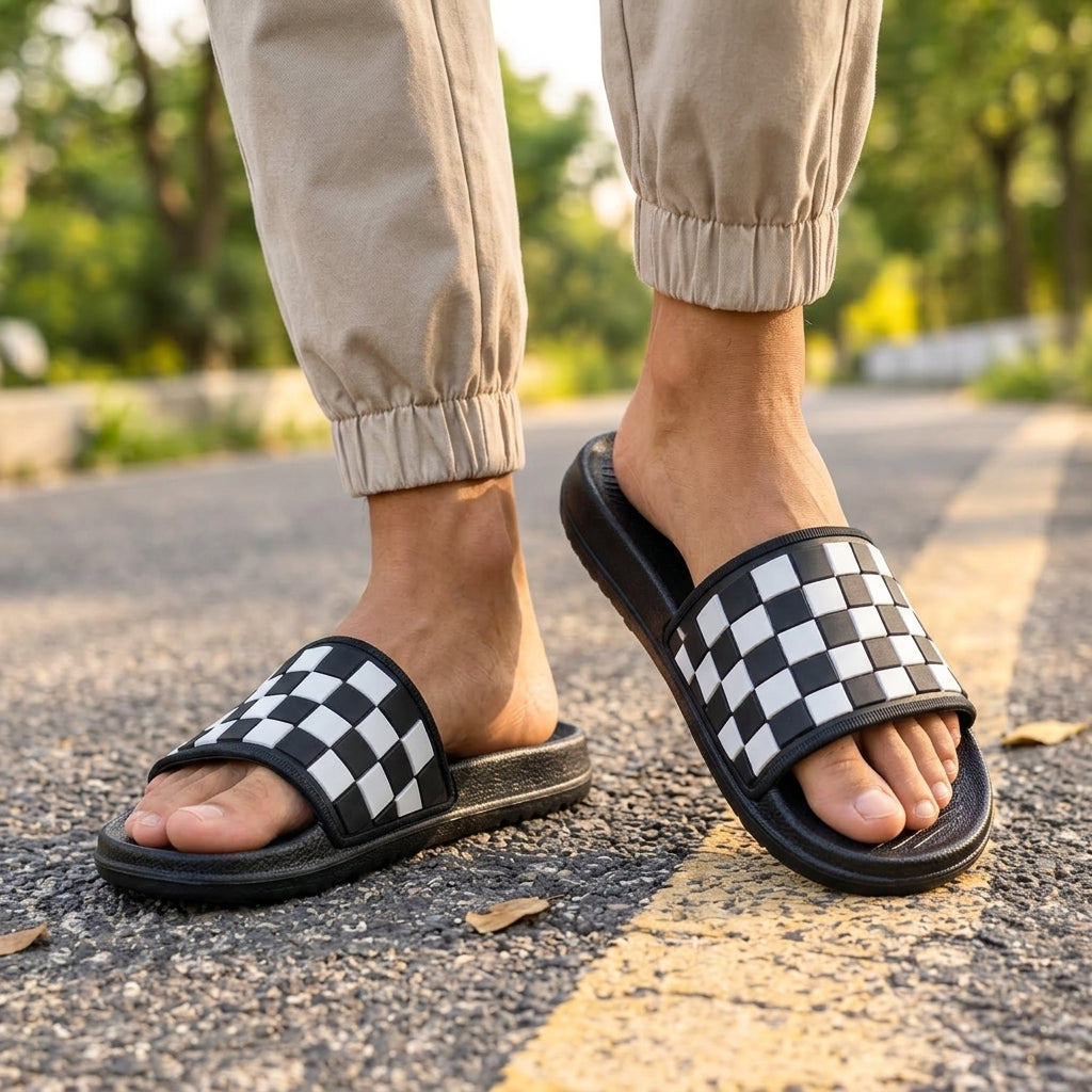 Checkered Comfort Slide Sandals