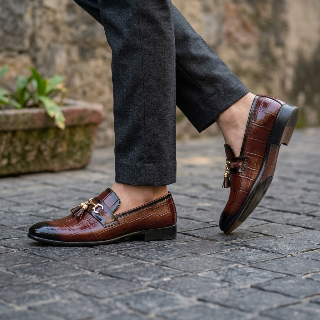 Brown croc-embossed tassel horsebit loafer worn on cobblestone street with dark charcoal trousers