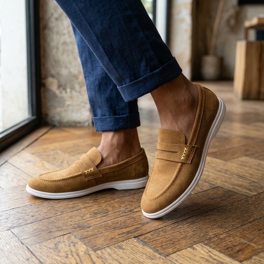 Camel suede gold cross-stitch penny loafer worn on herringbone oak parquet floor with rolled navy linen trousers indoor lifestyle shot