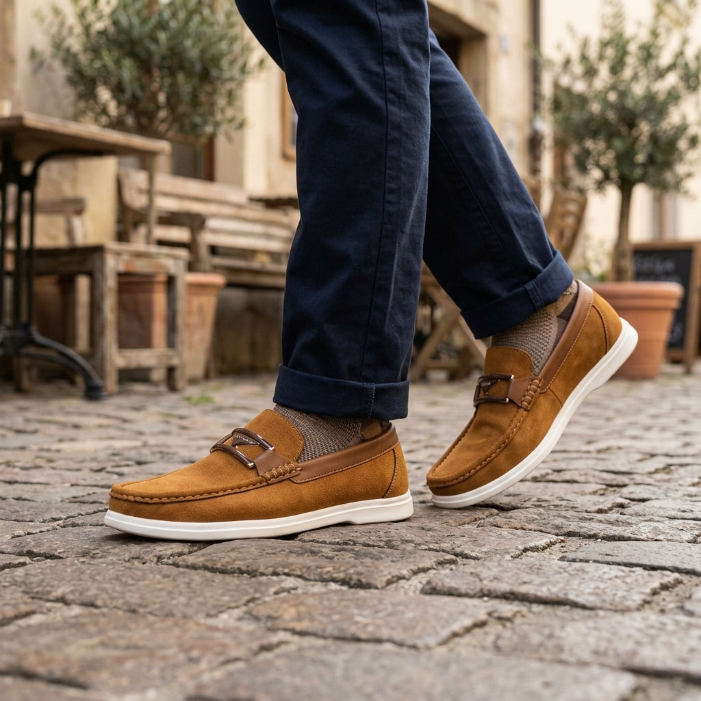 Tan nubuck two-tone double-bar bit loafer worn on cobblestone European street with rolled navy chinos mid-stride outdoor shot
