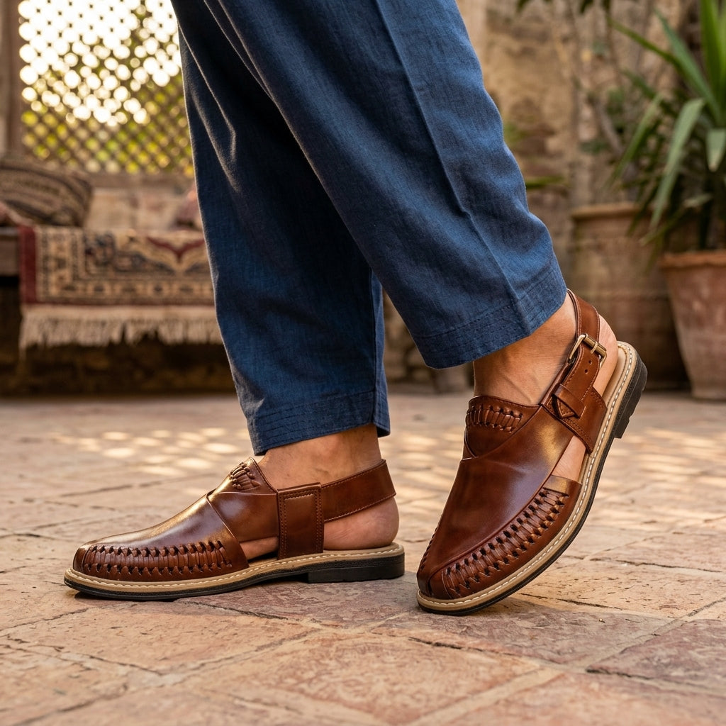 Brown leather Peshawari woven slingback sandal worn with blue shalwar on traditional courtyard cobblestone