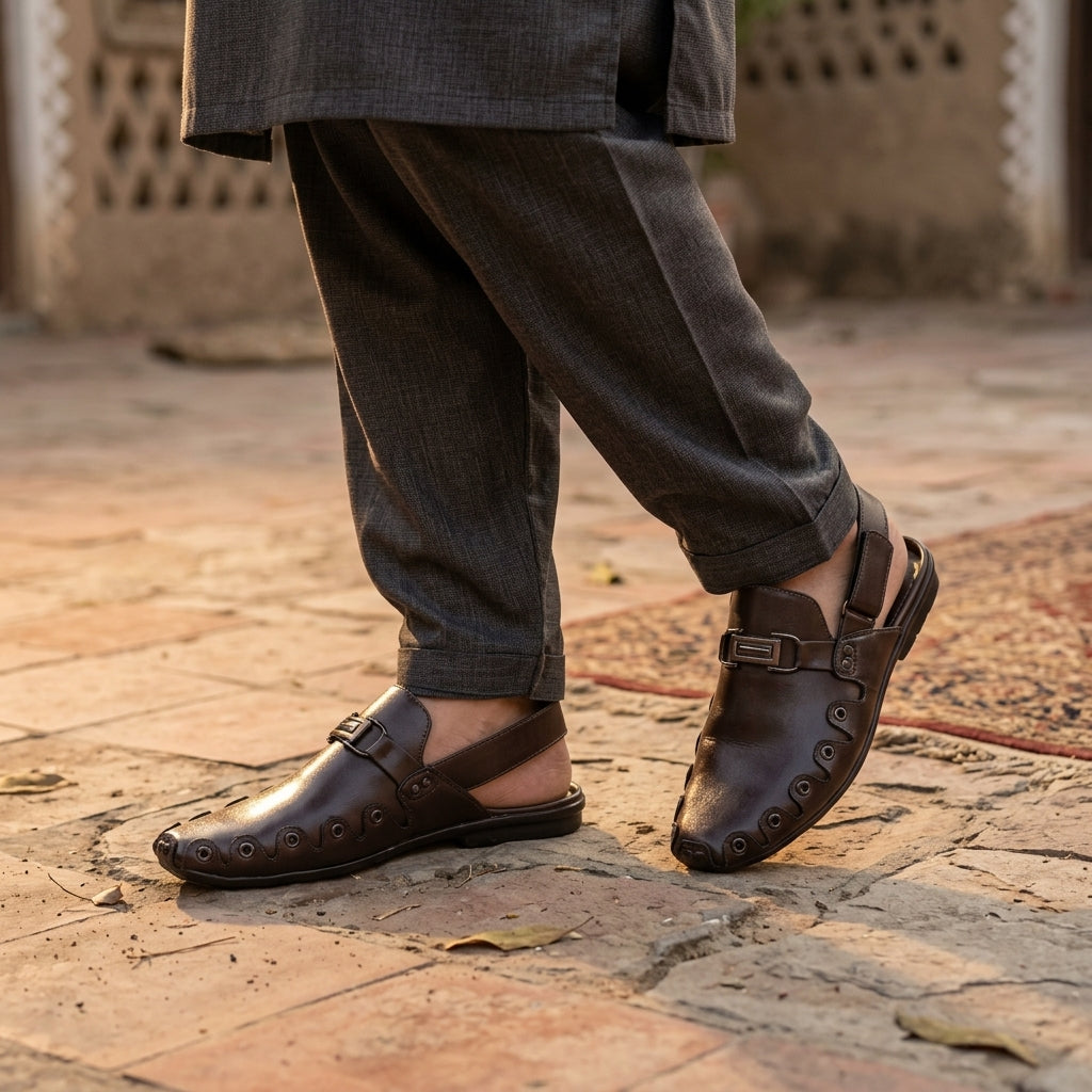 Dark brown leather loafer-style slingback chappal worn on brick courtyard with charcoal shalwar kameez mid-stride