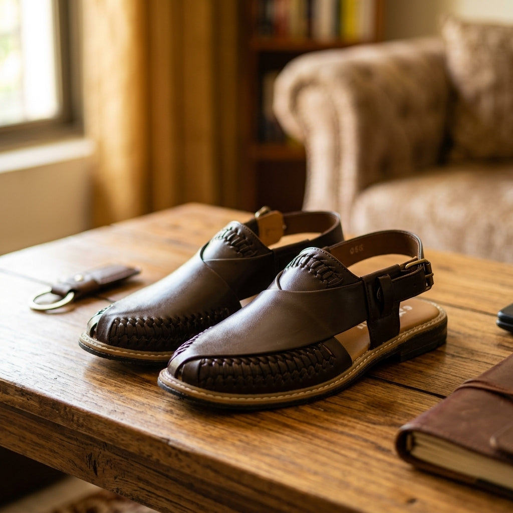 Dark brown leather Peshawari woven slingback sandal pair on rustic wooden table lifestyle shot with journal and keys