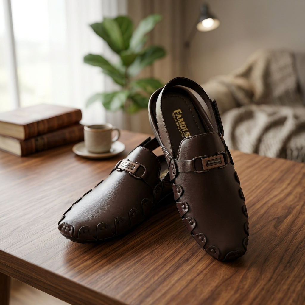 Dark brown leather loafer-style slingback chappal pair on wooden table lifestyle shot with coffee cup and books