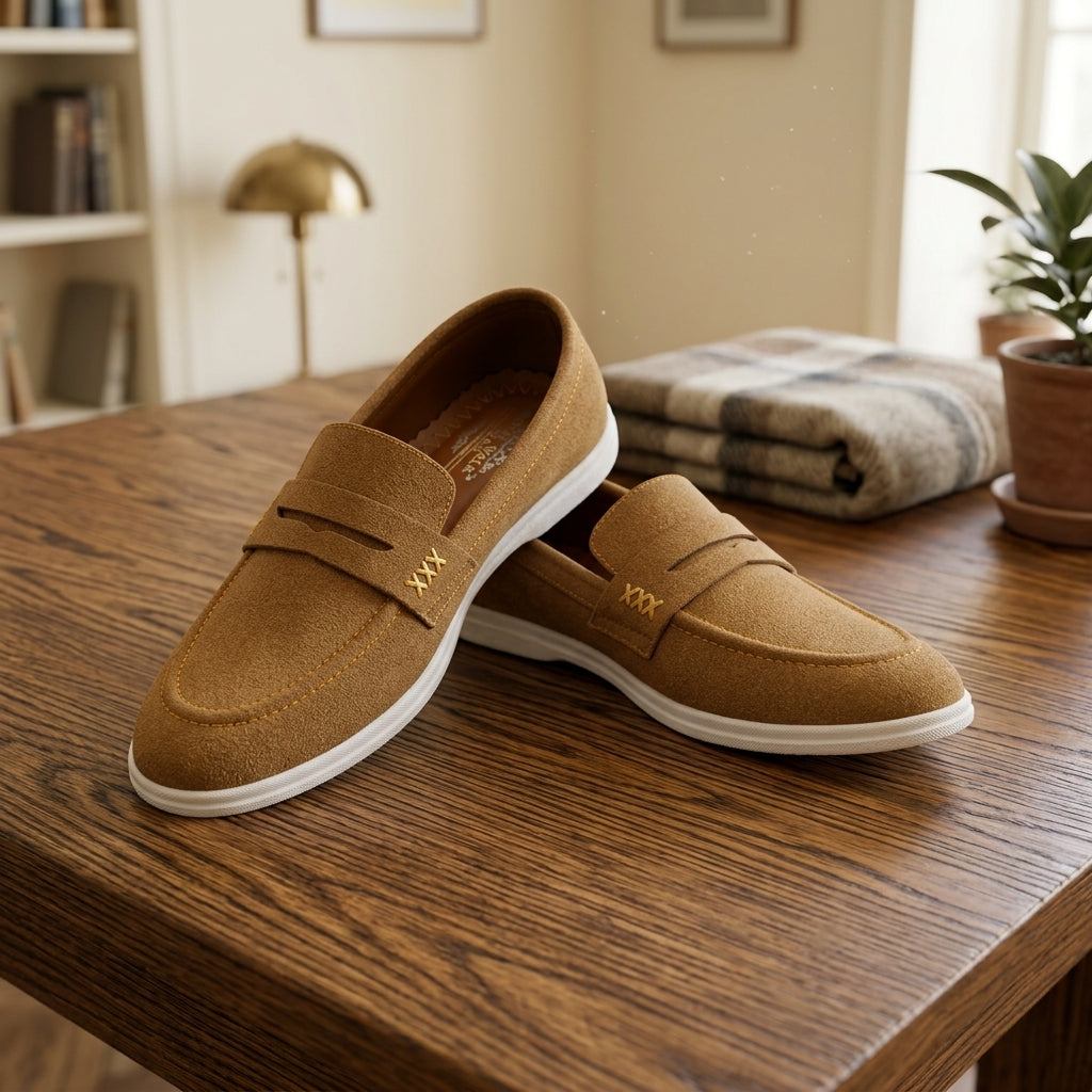 Camel suede gold cross-stitch penny loafer pair on walnut study table warm lifestyle setting with brass lamp folded blanket and indoor plant