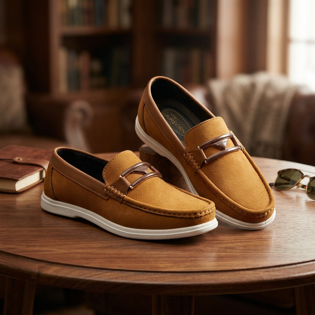 Tan nubuck two-tone double-bar bit loafer pair on walnut study table lifestyle shot with book sunglasses and brass lamp