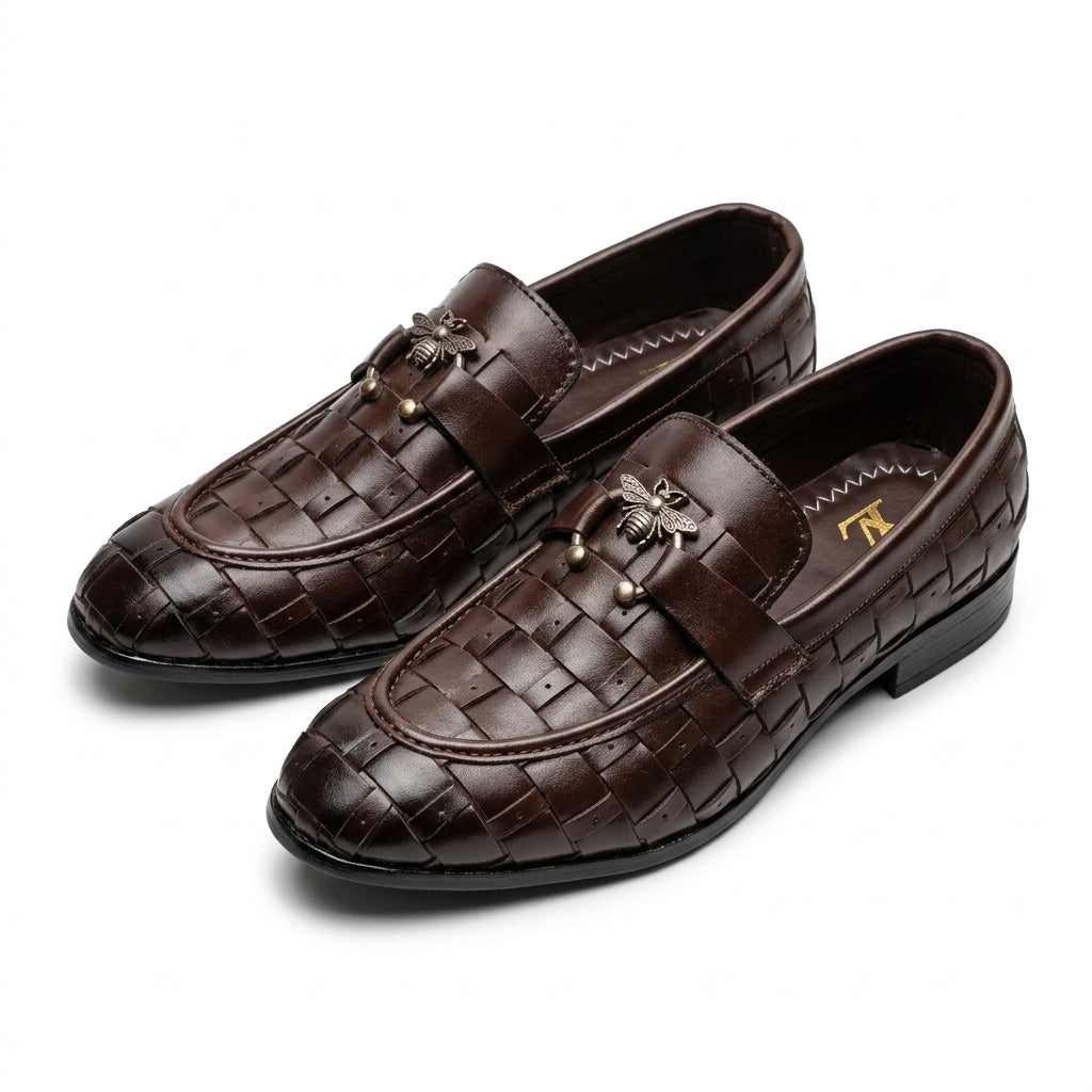 Dark brown woven leather bee-charm loafer pair clean studio shot white background